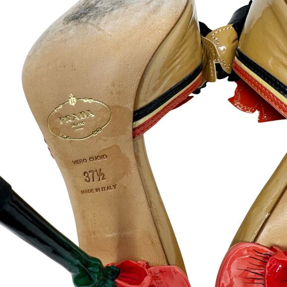 PRADA Red Tan Vintage Flower Heels Mules Spring 2008 Fairy Collection EU 37.5 - Picture 8 of 10